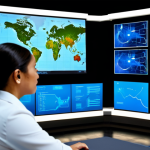 A diverse group of professional adults participating in an advanced crisis management simulation. They are wearing modest business attire and fully clothed. The setting is a futuristic training facility with large interactive screens displaying complex data visualizations and holographic projections, indicating the use of virtual and augmented reality for immersive training. Subjects are focused, collaborating effectively, and showing calm determination. The scene emphasizes modern technology's role in preparing for the unexpected. Perfect anatomy, correct proportions, natural pose, well-formed hands, proper finger count, natural body proportions. High-resolution, professional photography, appropriate content, safe for work, fully clothed, modest, family-friendly.