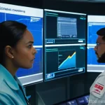 Home 16 위기 상황에 대한 시나리오 기반 훈련의 장점 - A group of diverse professionals, including men and women, intensely focused within a high-tech, sim...