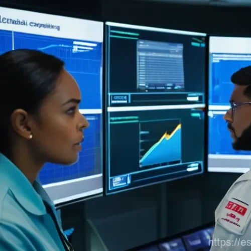 Home 28 위기 상황에 대한 시나리오 기반 훈련의 장점 - A group of diverse professionals, including men and women, intensely focused within a high-tech, sim...