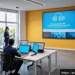 Home 19 위기 관리 훈련과 조직의 성과 상관관계 - A modern corporate training room in Spain with diverse professionals in business attire wearing face...