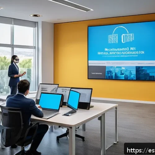 Home 13 위기 관리 훈련과 조직의 성과 상관관계 - A modern corporate training room in Spain with diverse professionals in business attire wearing face...