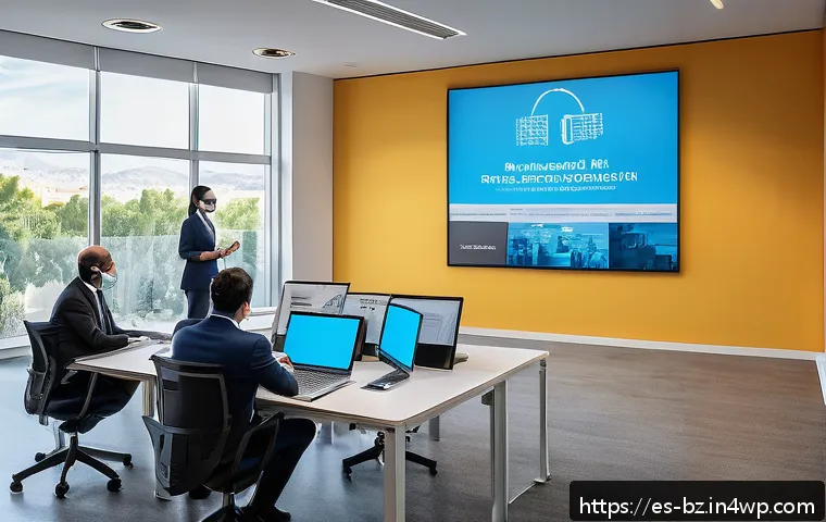 위기 관리 훈련과 조직의 성과 상관관계 - A modern corporate training room in Spain with diverse professionals in business attire wearing face...