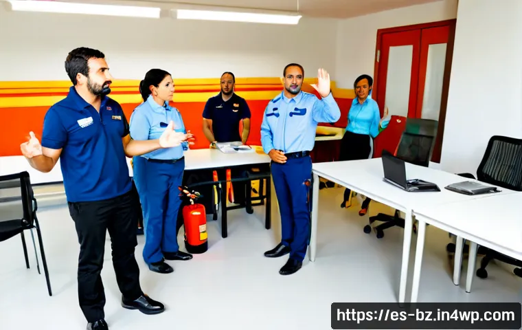 Home 15 위기 발생 시 대응 매뉴얼 교육의 필요성 - Photorealistic workplace emergency response training in a modern Spanish-speaking office, diverse ad...
